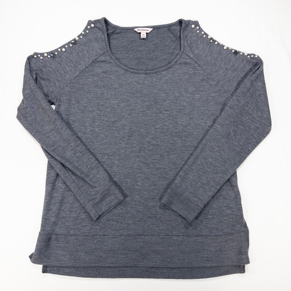 Juicy Couture Womens Medium Gray Cold Shoulder Pearl Rhinestone Embellished Top